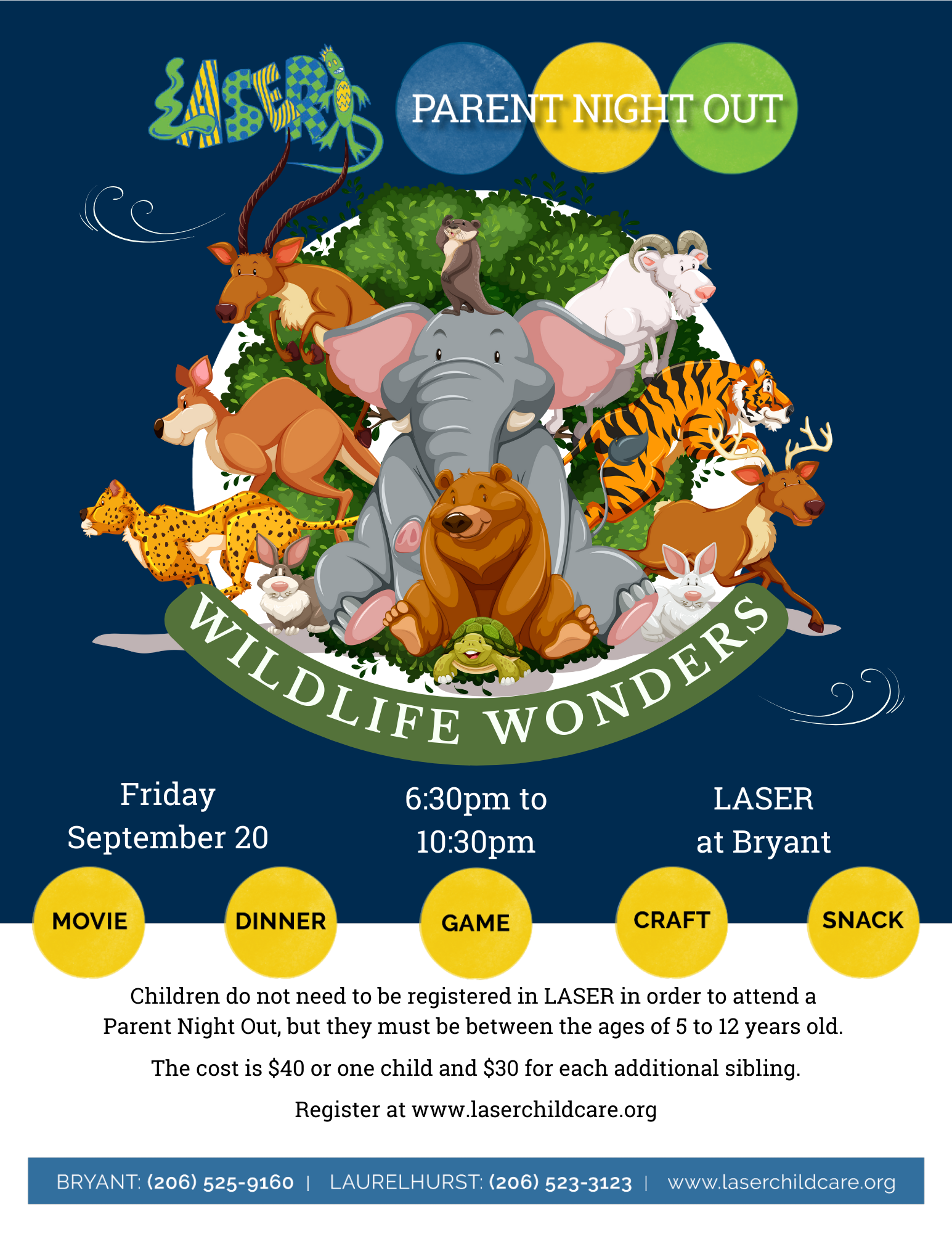 Illustration of wild animals with information about Laser's Parent's Night Out event on Sept. 20 6:30-10:30pm at Bryant Elementary.